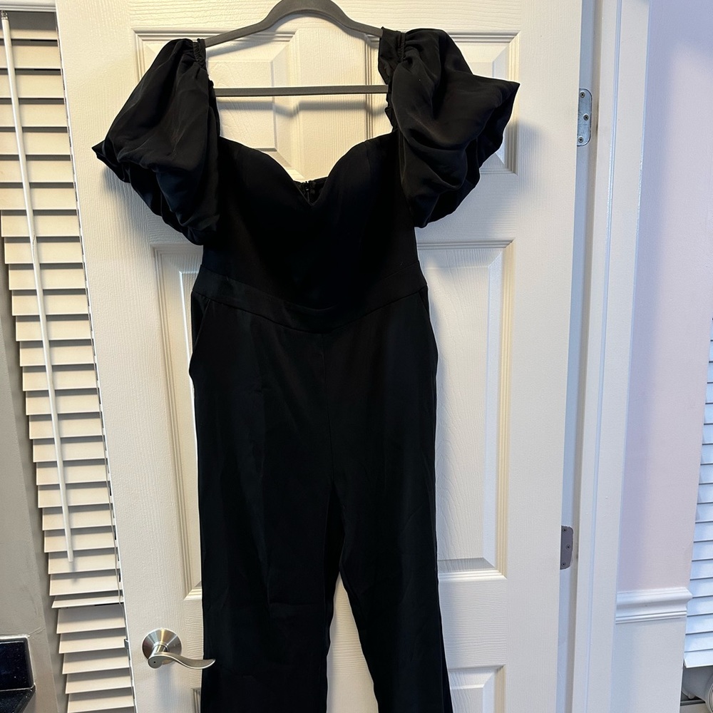 Black puff sleeve off the shoulder jumpsuit